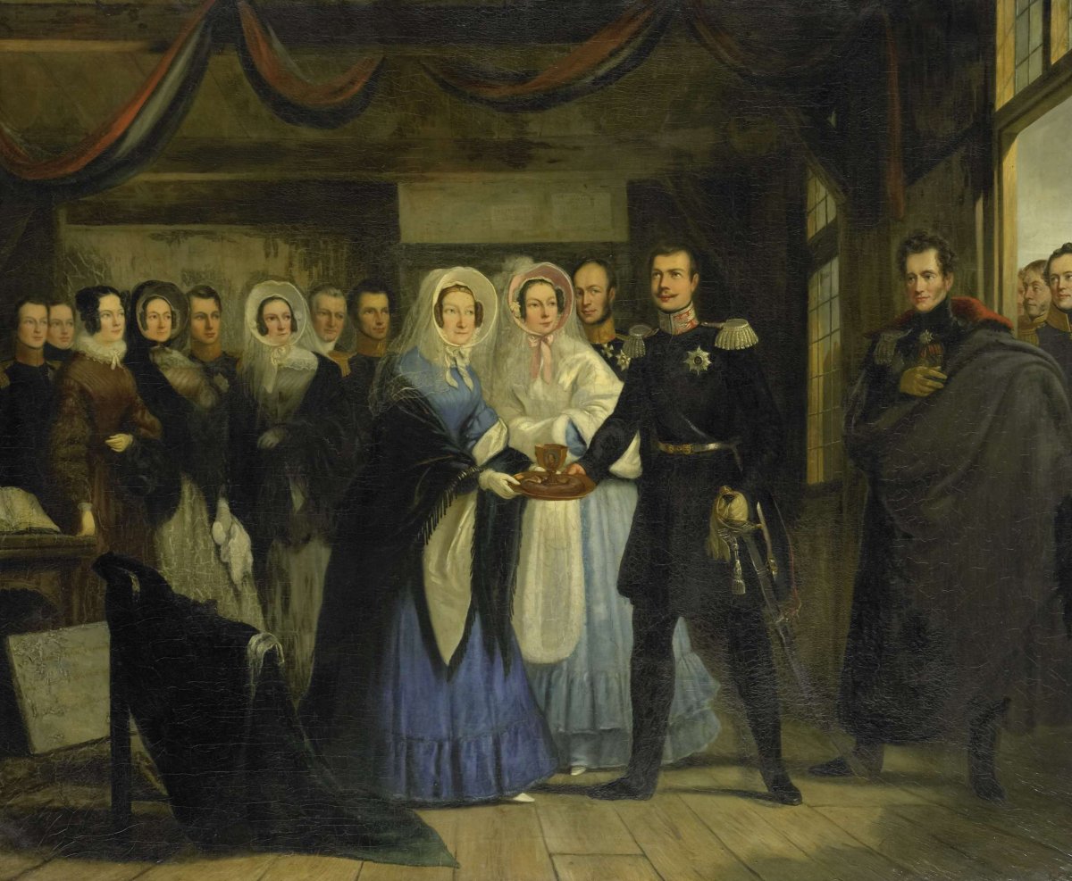 The Princess of Orange Receiving Alexander II (1818-1881), Grand Duke and Heir to the Throne of Russia, in the Czar Peter's House in Zaandam, 17 April 1839, Christiaan Julius Lodewijk Portman, 1839 - 1840