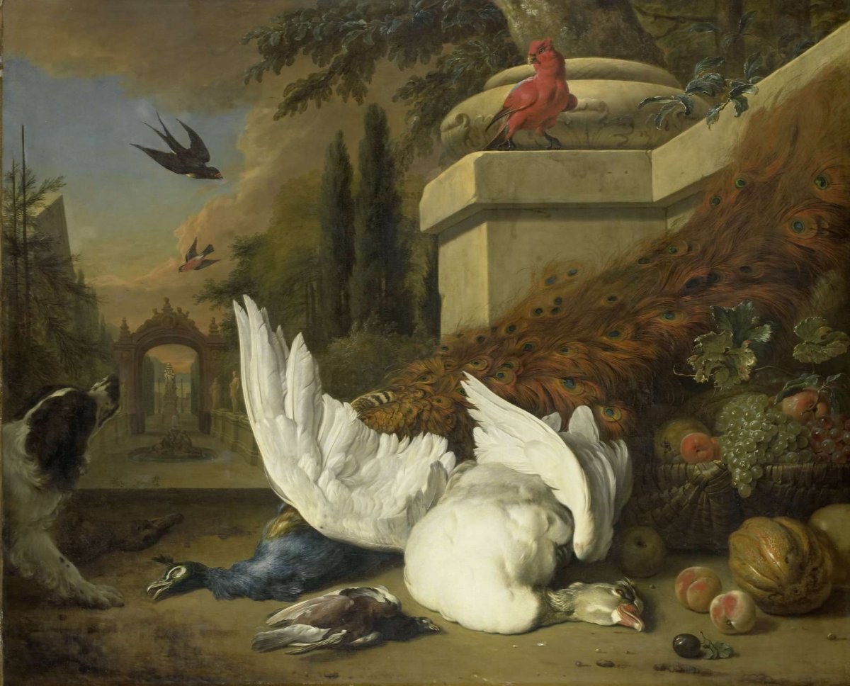 A Dog with a dead Goose and Peacock (A Study of Game and Fruit), Jan Weenix, c. 1700