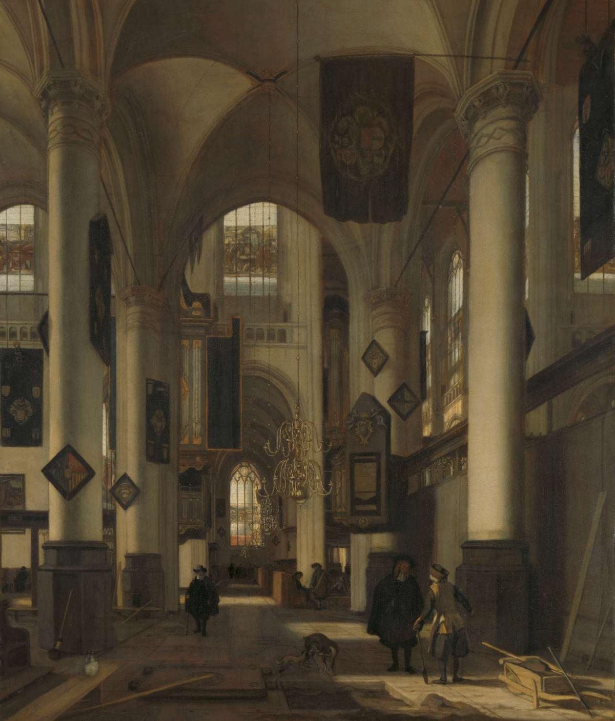 Interior of a Protestant Gothic Church with Motifs from the Oude and Nieuwe Kerk in Amsterdam, Emanuel de Witte, 1660 - 1680