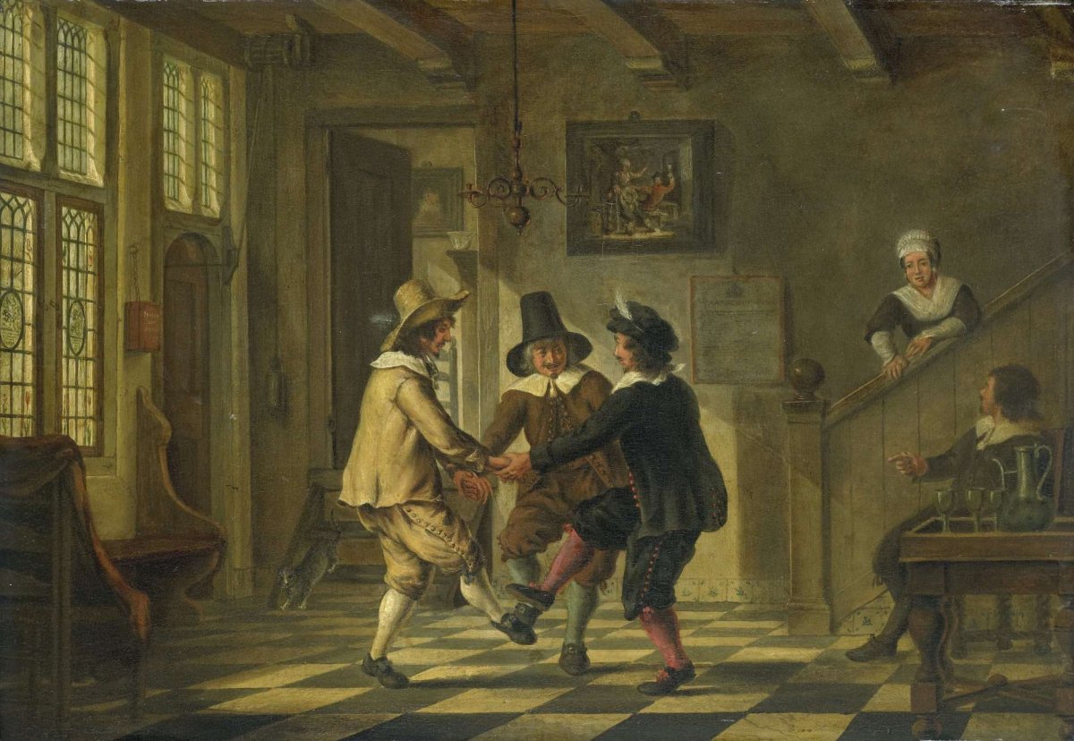 Three men in seventeenth-century costume dancing in a front house, anonymous, 1700 - 1885