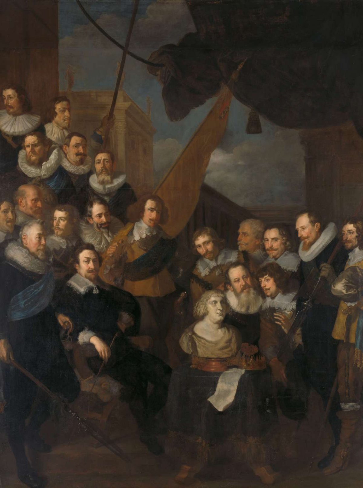 Officers and other Civic Guardsmen of the XIX District of Amsterdam, under the command of Captain Cornelis Bicker and Lieutenant Frederick van Banchem, waiting to welcome Marie de Médicis, 1 September 1638, Joachim von Sandrart (I), 1640