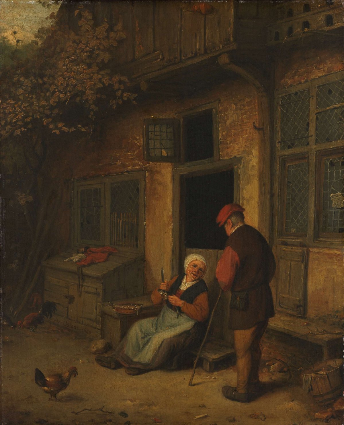 A Woman gutting Herrings in front of her House, Adriaen van Ostade, 1678